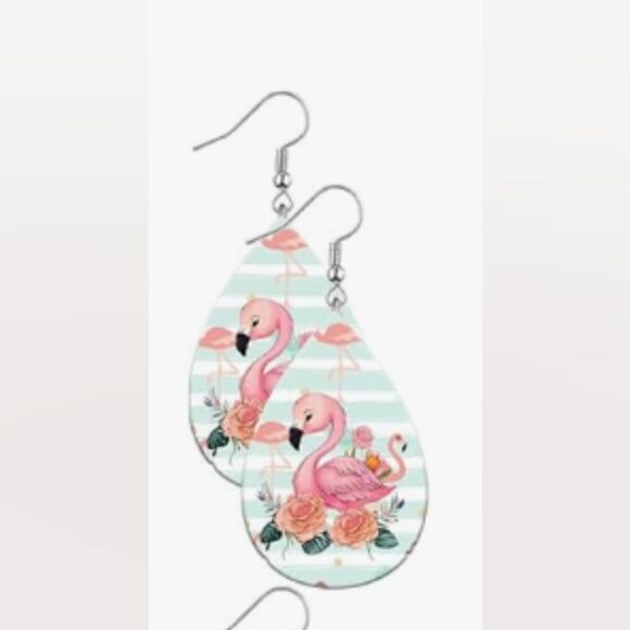 Flamingo teardrop earrings wooden new e17 - Picture 1 of 1